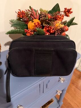 Coach Black Canvas Makeup & Toiletry Pouch with Leather Trim